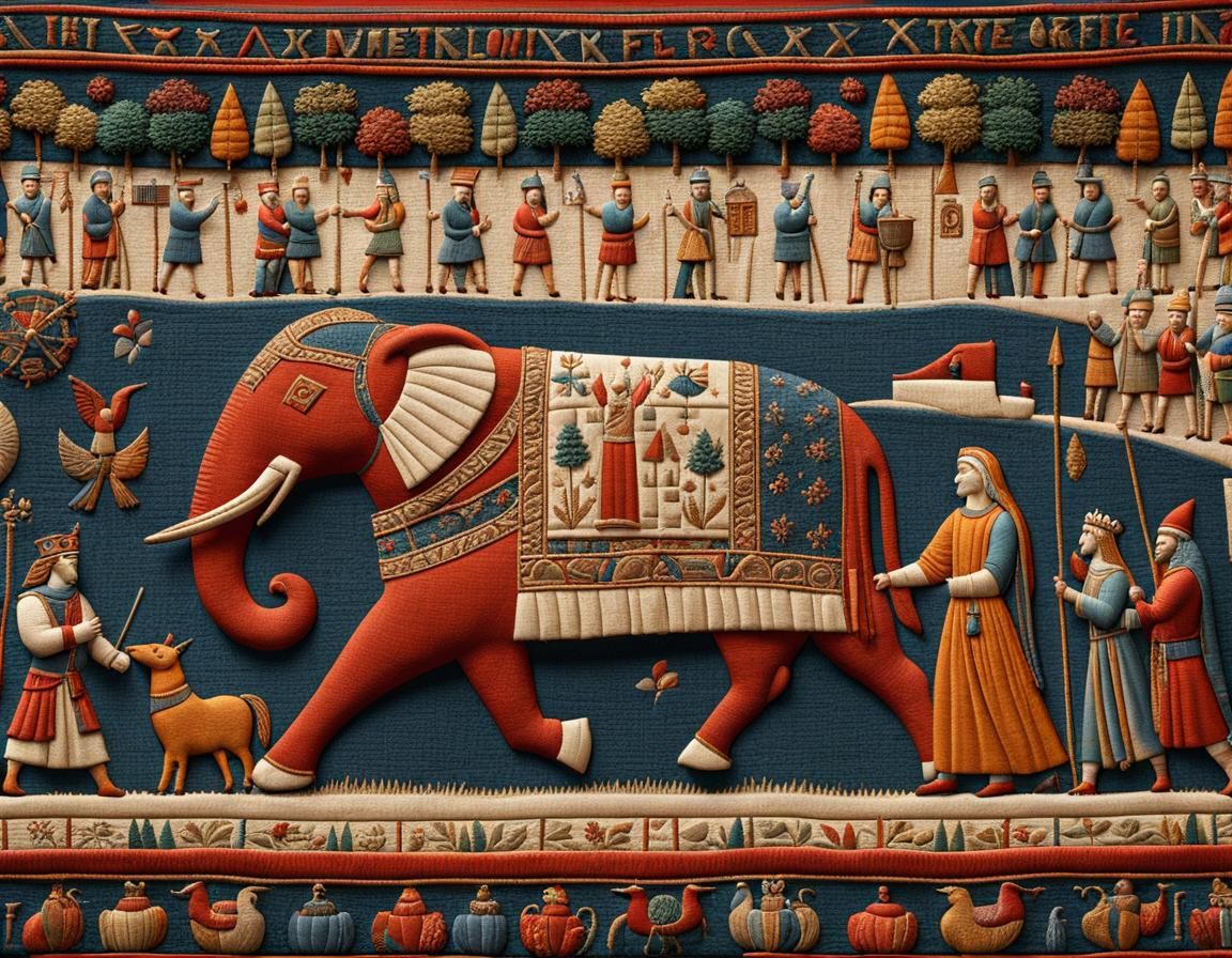 Hyperrealistic Elephant in Bayeux Tapestry Style