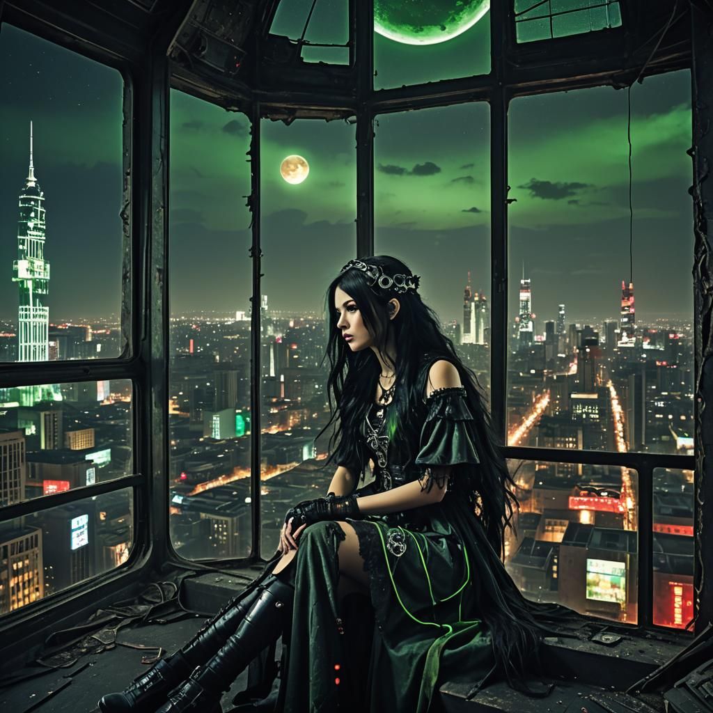 Dystopian Cybergoth in Cyberpunk Cityscape