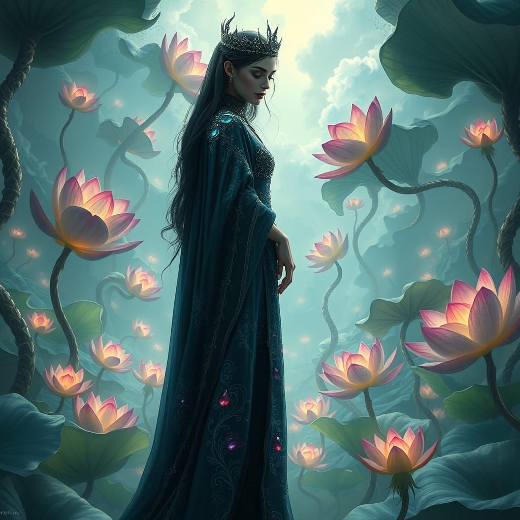 Ethereal Sorceress in Iridescent Robes Amidst Dreamlike Fore...