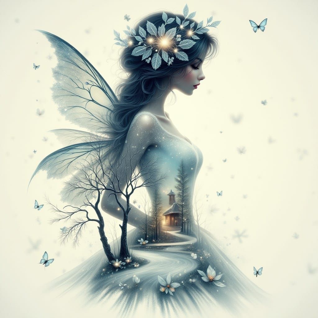 Winter Fairy Silhouette in Dreamy Fairytale Scene