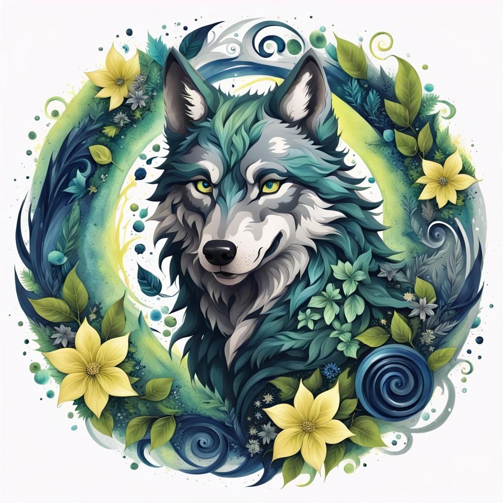 Fantasy Wolf Surrounded by Floral Circle