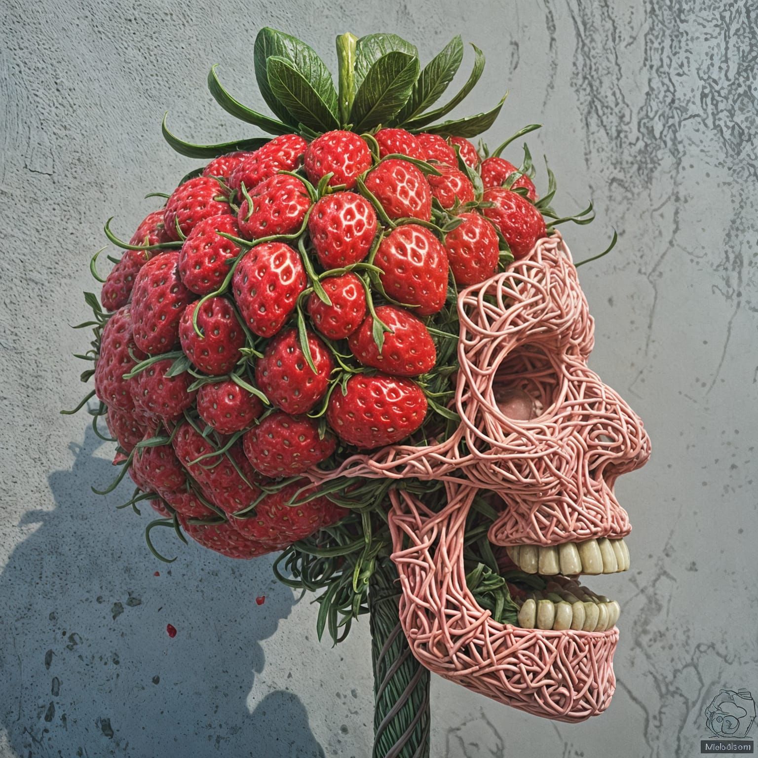Surreal Strawberry Brain Sculpture in Sci-Fi Style