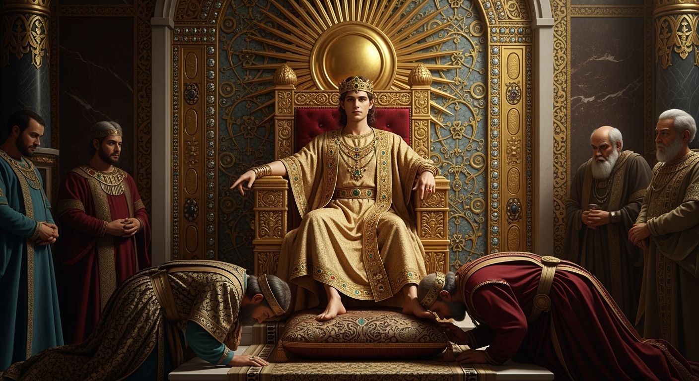 Byzantine Emperor on Jeweled Throne in Opulent Palace