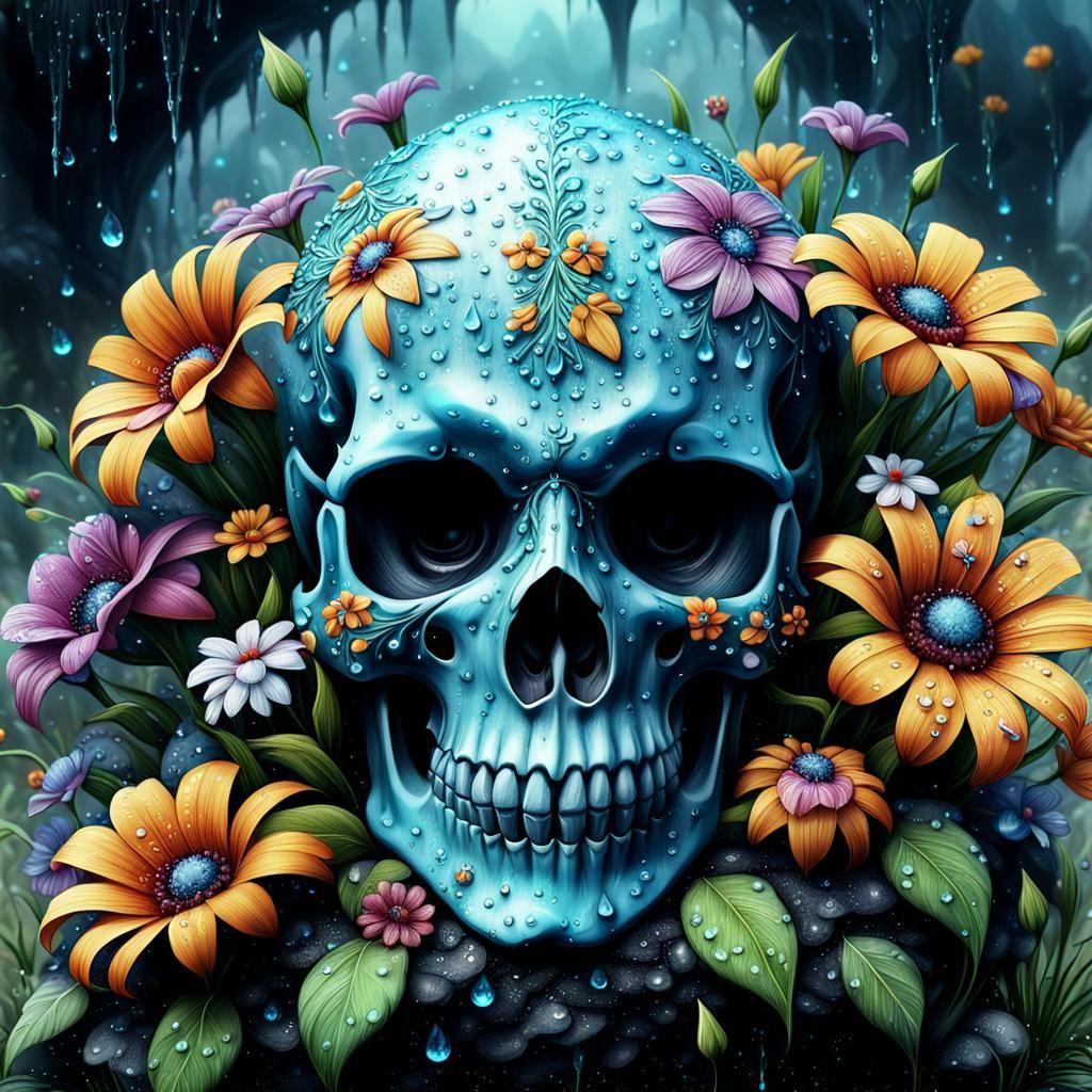 Floral Skull with Dew Drops in Detailed Matte Painting