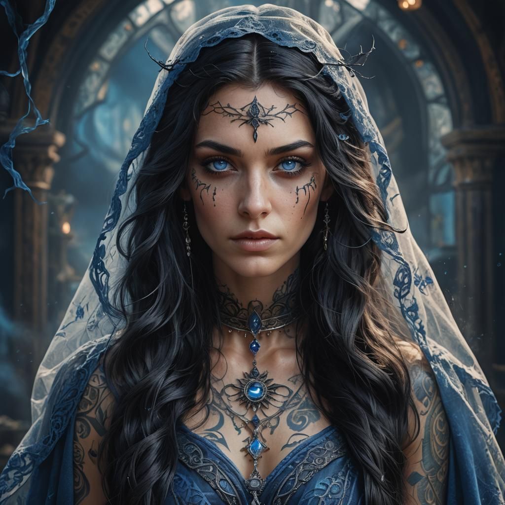 Hyperrealistic Portrait of a Witch with Blue Tattoos