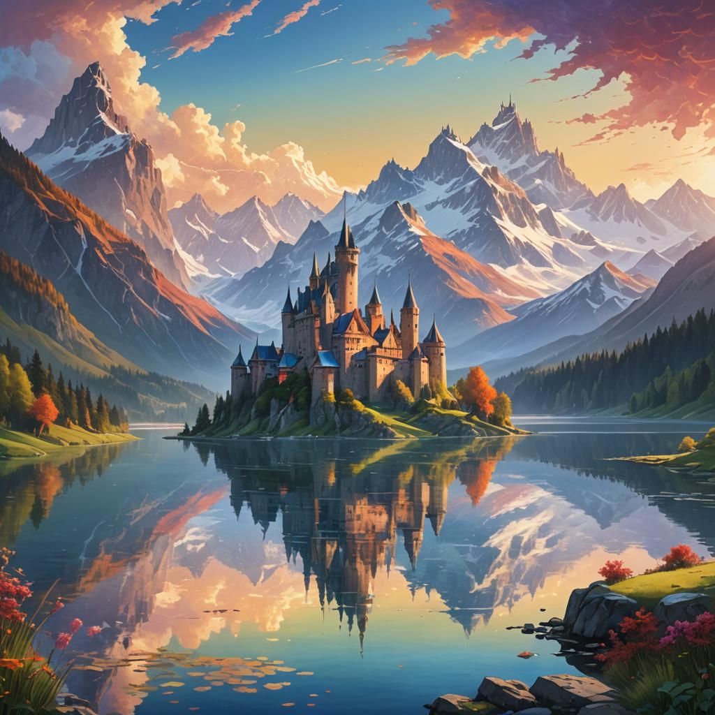Majestic Fantasy Landscape with Castle and Mountains