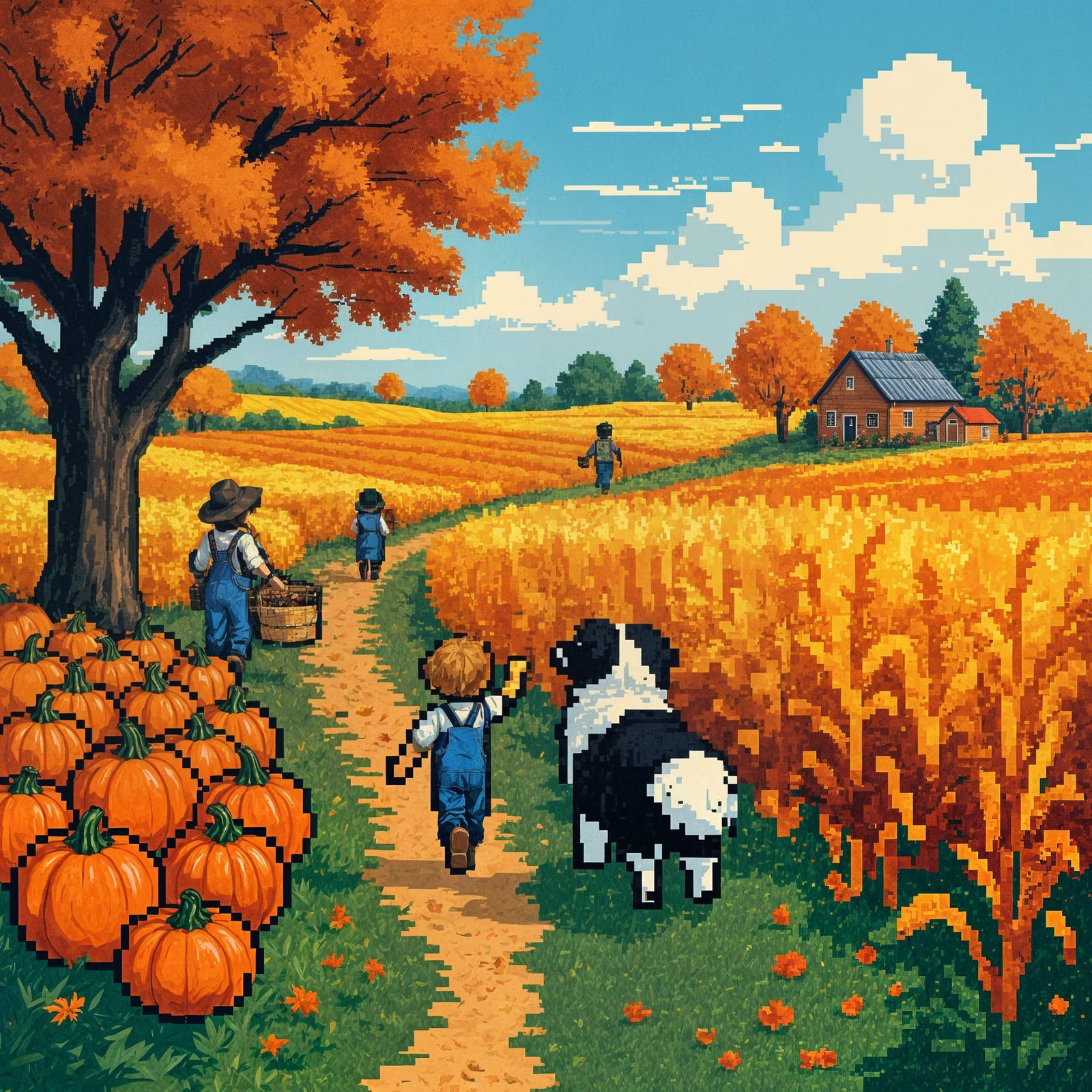 Cozy 8-Bit Autumn Harvest Scene with Children and Dog