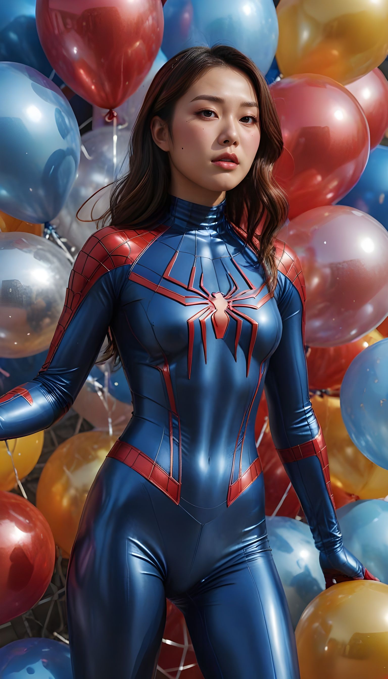Korean Woman in Spider-Man Suit with Balloons