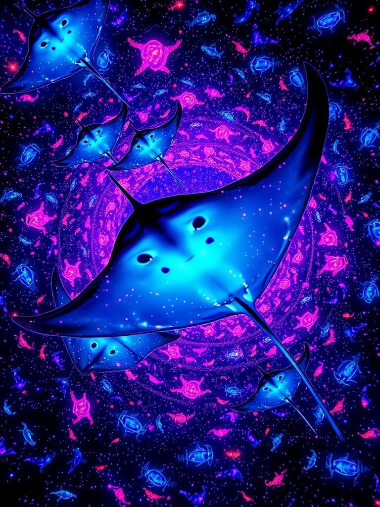 Cosmic Manta Rays in Neon Light Cosmos