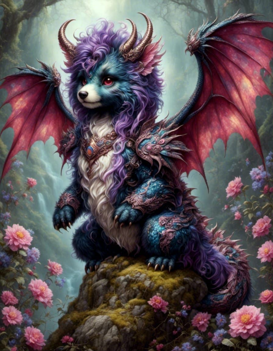 Cute Dragon in Dark Pastel Mountain Scene