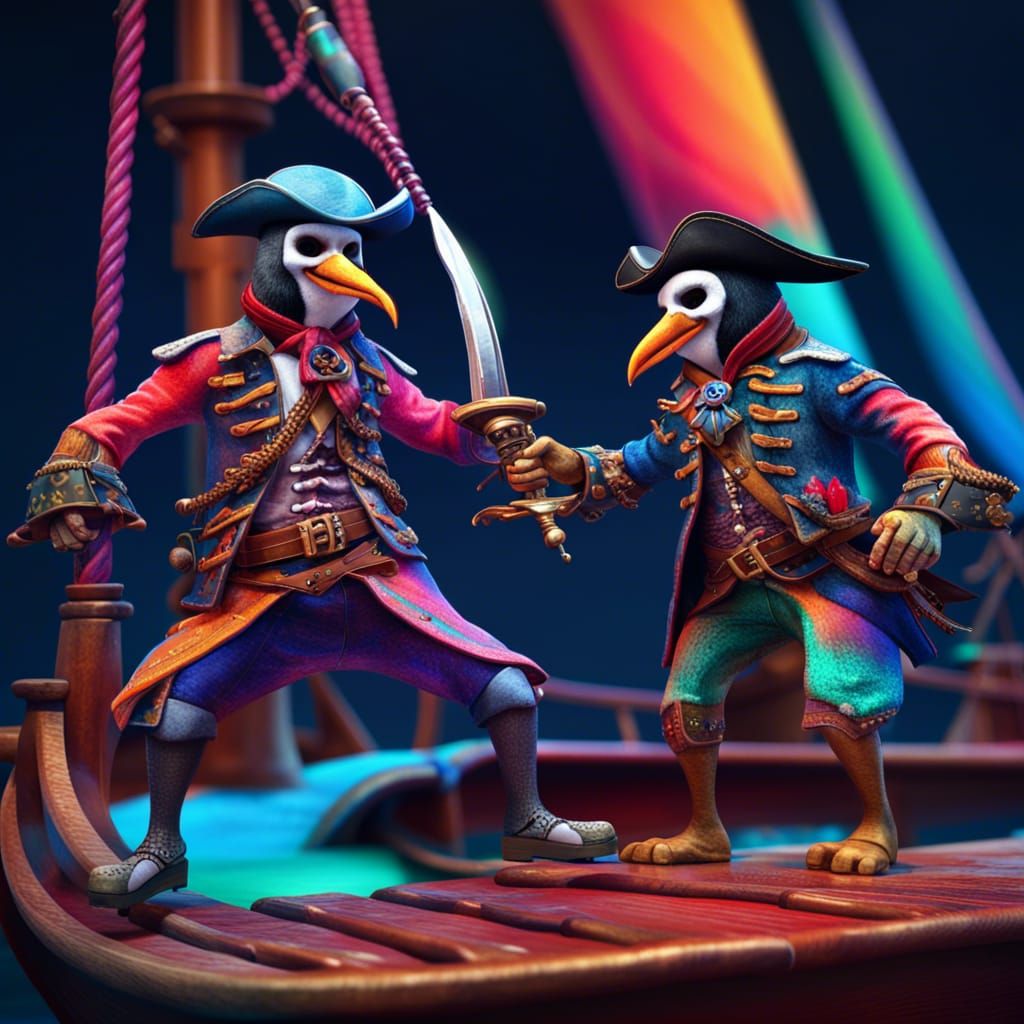 Penguin Pirates Duel in Psychedelic Action Painting