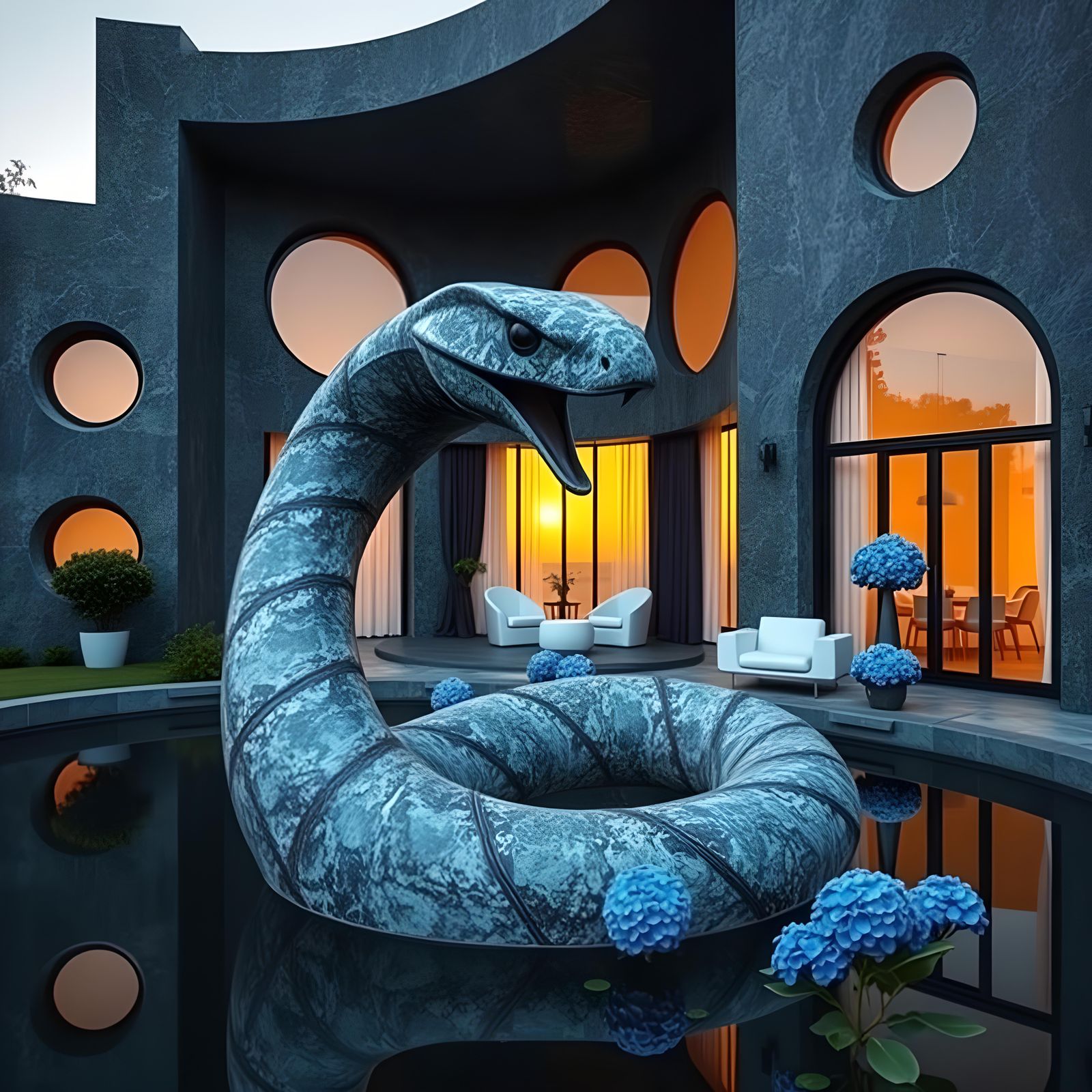 Brutalist Blue Granite Home with Modern Moat