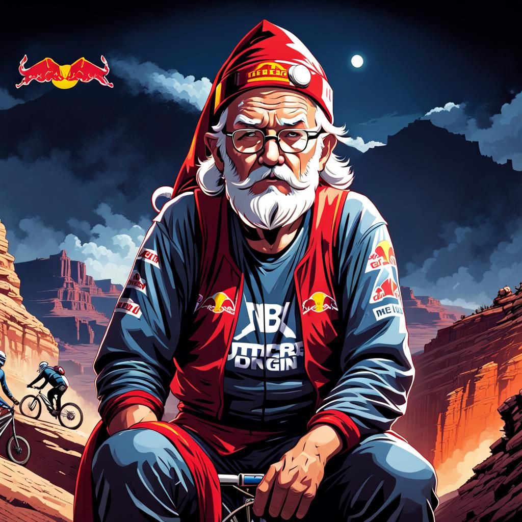 Santa Claus Freeride Biking in Comic Book Art
