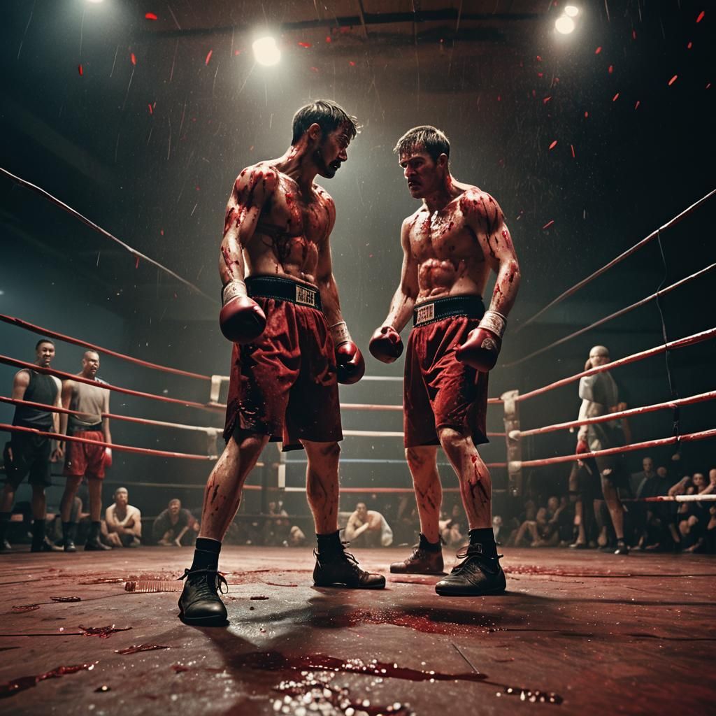 Intense Boxing Ring with Red Ink Splatter, Cinematic Style