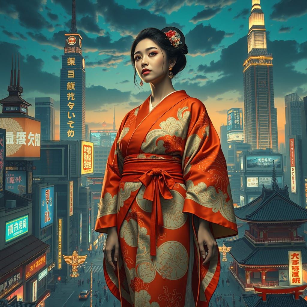 A Traditional Kimono-clad Woman Dominates a Futuristic Tokyo...