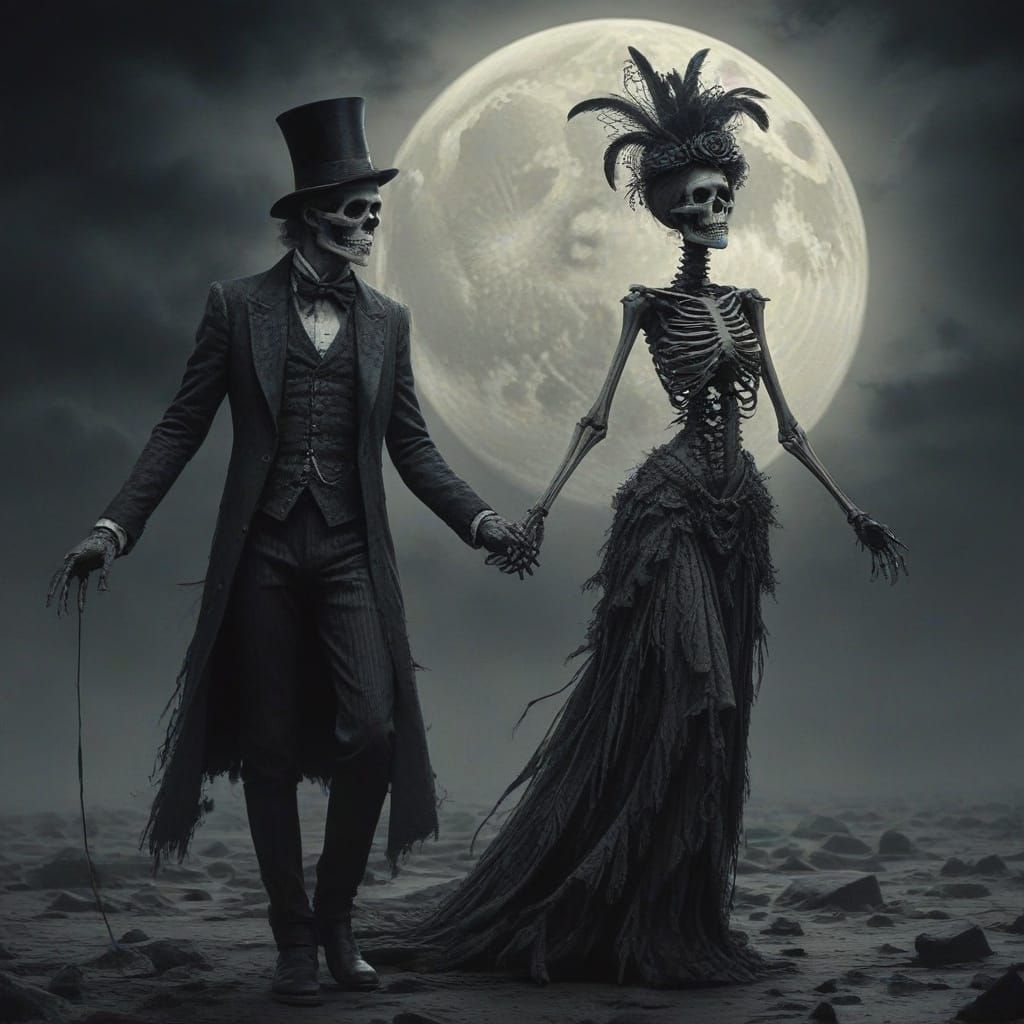 Ethereal Skeletons Dance Under the Moonlight in a Gothic Wal...