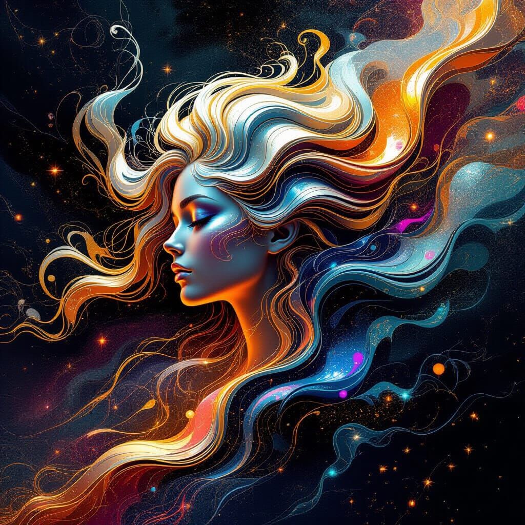Abstract Liquid Gold & Silver Hair Art with Cosmic Colors