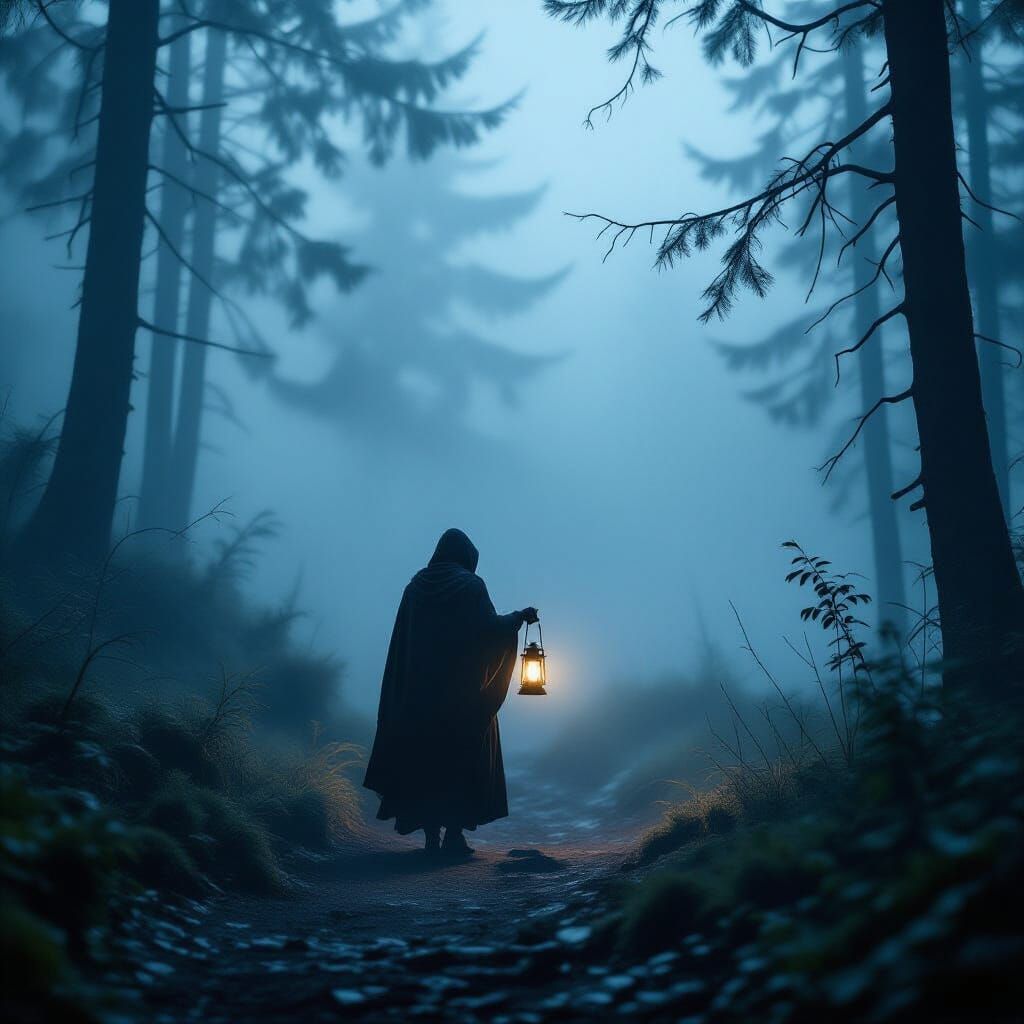 Solitary Traveler with Lantern in Foggy Forest