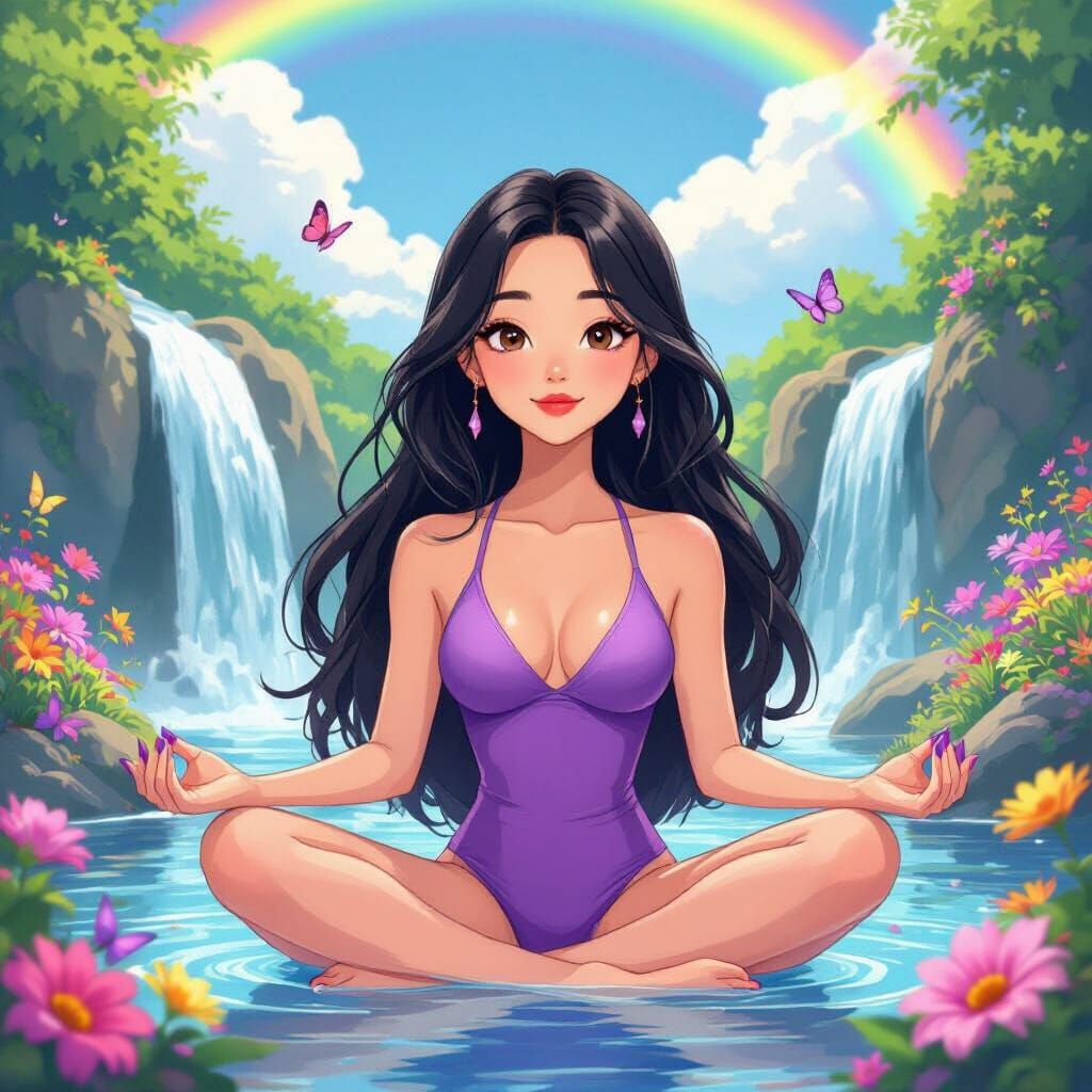 Meditating Woman by Waterfall, Anime Style