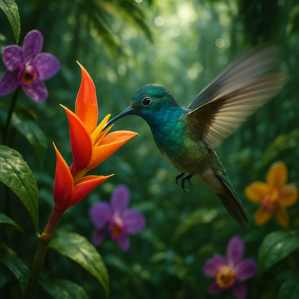 Hummingbird Sipping Nectar in Hyperrealistic Rainforest