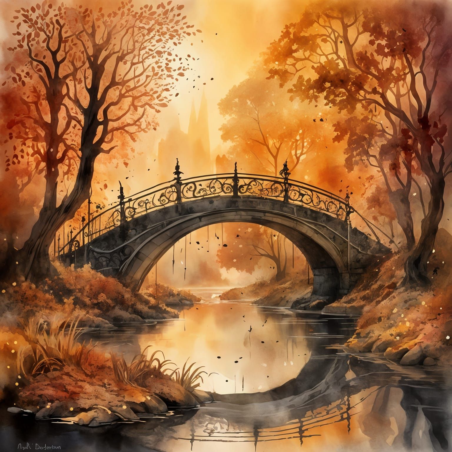 <lora:Glowing runes dark:1.0> un pont en fer forgé au dessus...