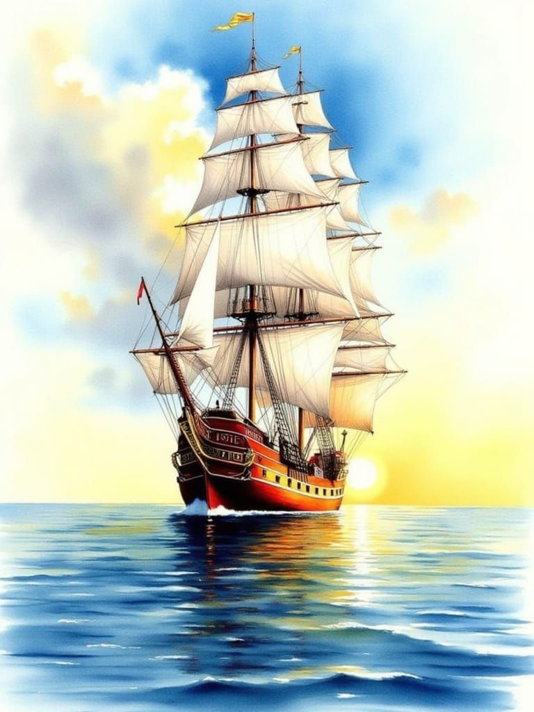 Surreal Grand Tall Ship Sails Majestically in Calm Waters