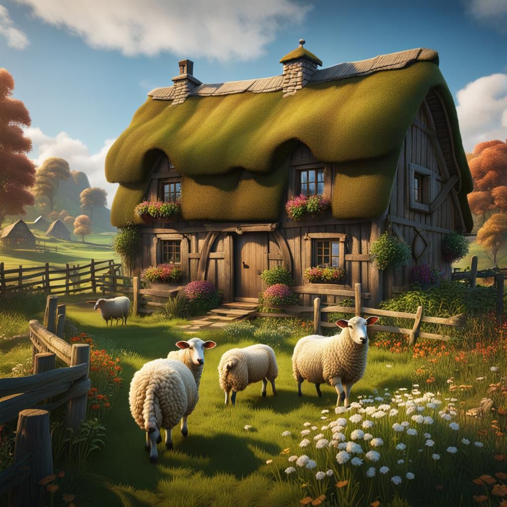 Idyllic Countryside Farm with Sheep, Matte Painting