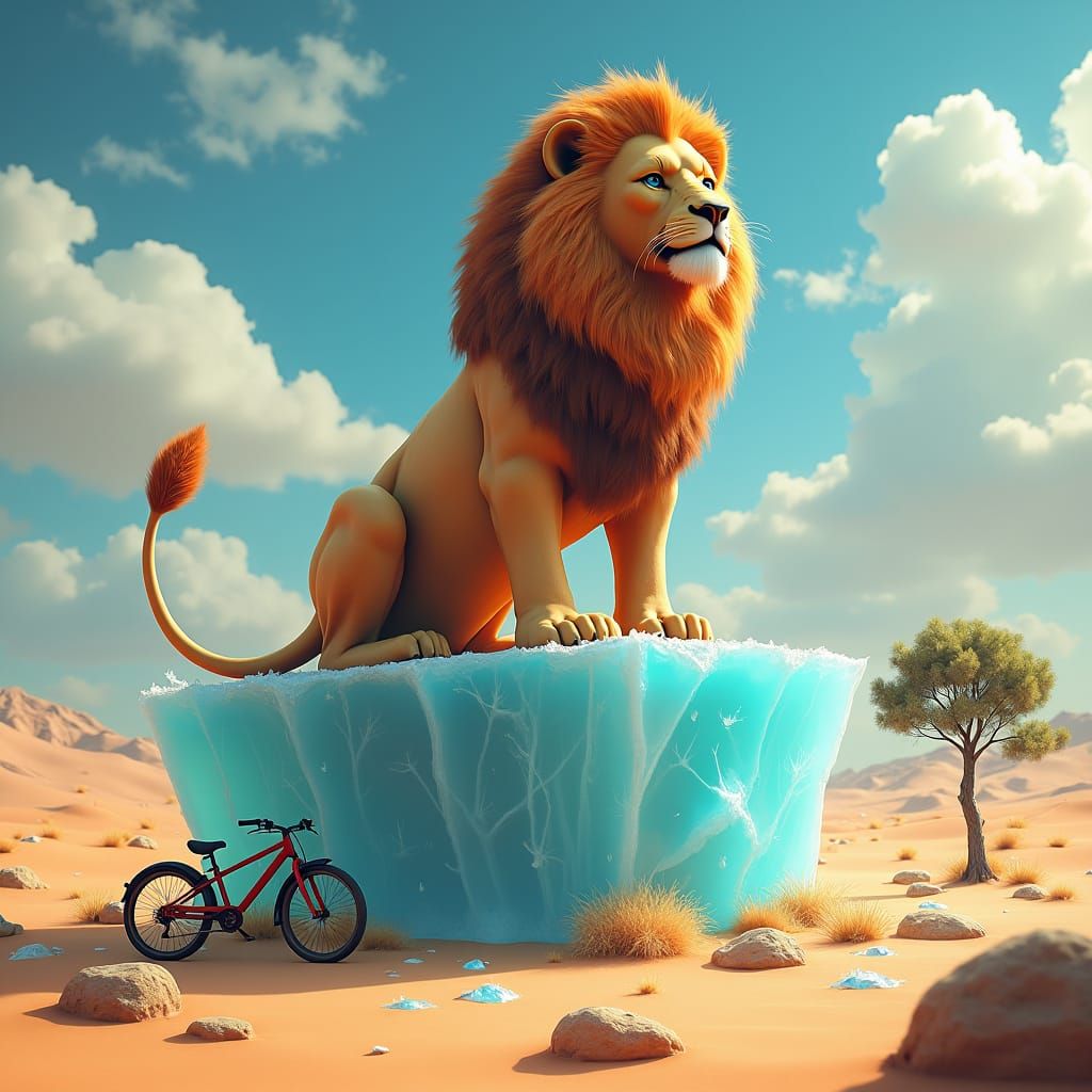 Surreal Lion on Ice Block in Desert Landscape