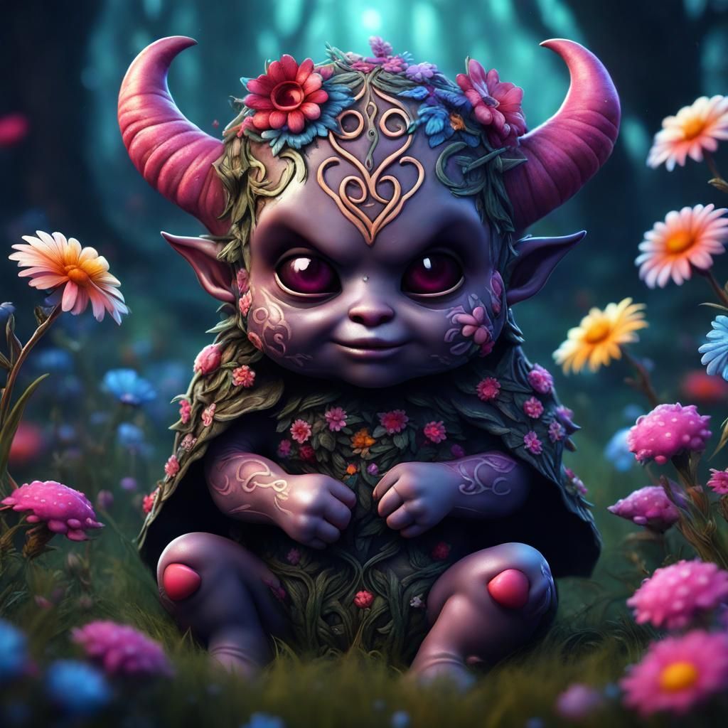 Adorable Chibi Demon in Colorful Meadow