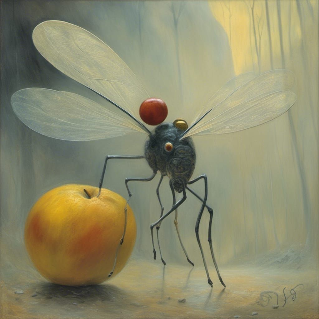 Surreal Fruit Fly in Misty Forest, Macro Oil Painting