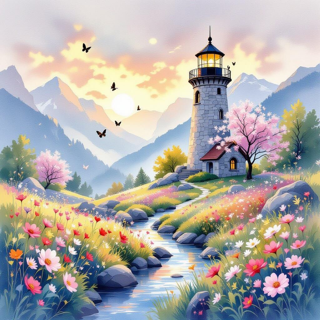 Fantasy Lighthouse Meadow in Watercolor Style