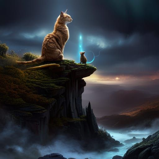 Victorious Dragon-Cat Overlooking Worshipping Humans