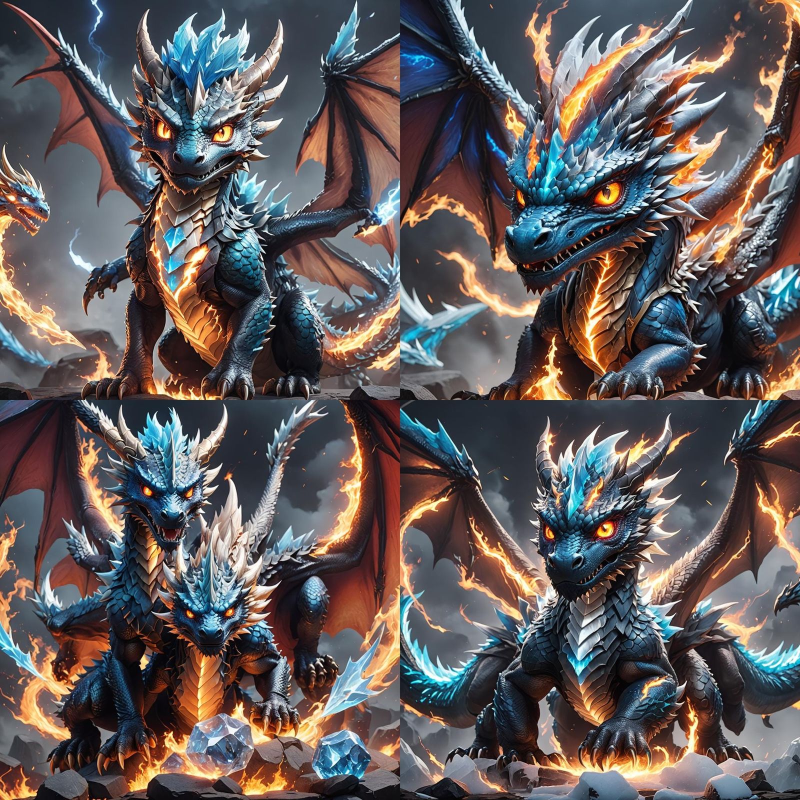 Fire Lightning Ice Dragon Baby in 3D Anime Art