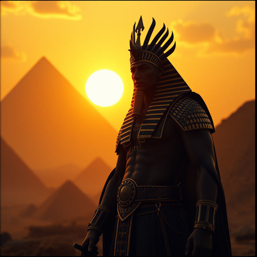 Ra in Regal Egyptian Attire at Sunset