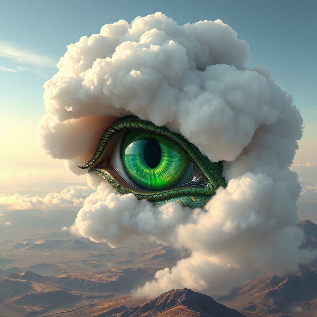 Green Eye with Iridescent Scales in Atmospheric Landscape