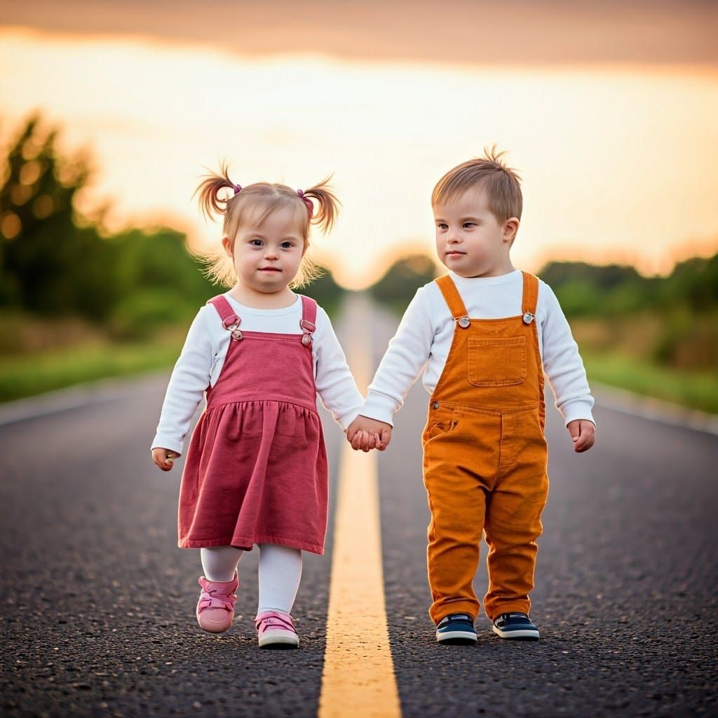 Down Syndrome Children Walk Hand in Hand at Sunrise