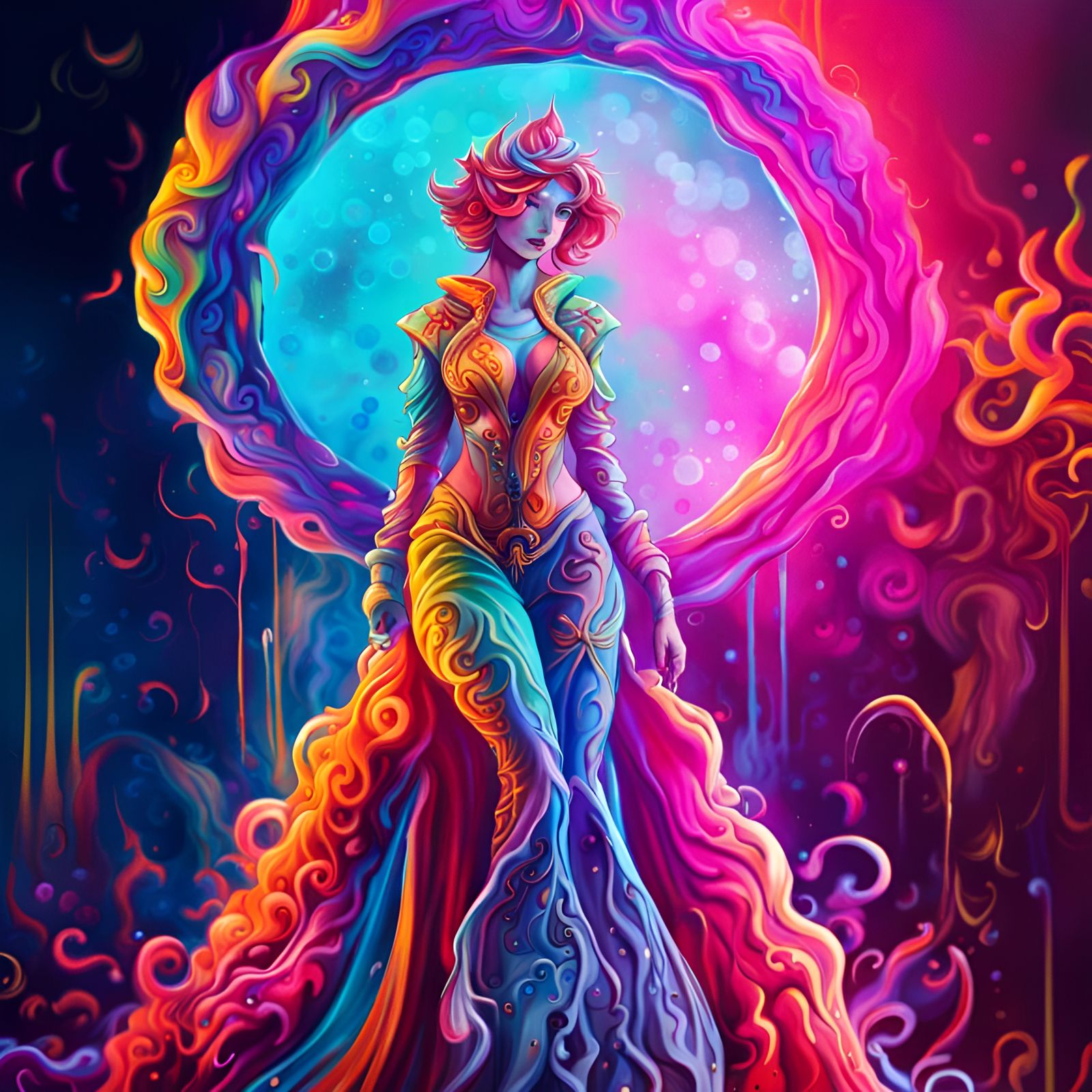 Colorful Feline Woman in Dreamlike Graffiti Art