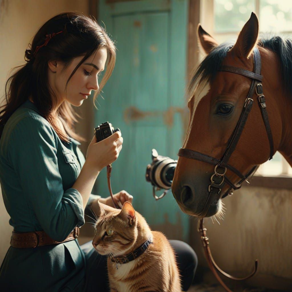 Vintage Film Still: Woman with Camera, Cat, and Horse