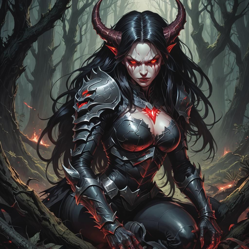 Demonic Female Figure in Dark Eerie Forest