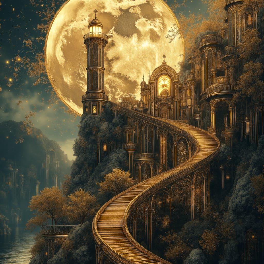 Majestic Lighthouse at Night in Art Nouveau Style