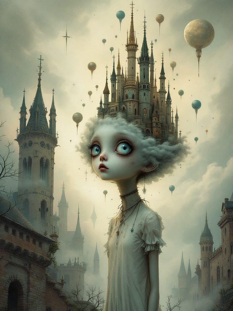 Gothic Dreamscape: Girl and Floating Castle
