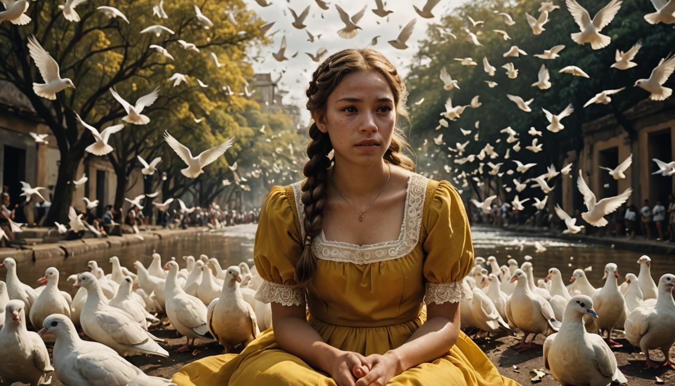 Emotional Portrait of Girl with Doves in Golden Light