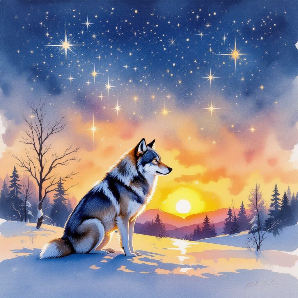 Wolf Under Starry Sky: Dreamy Watercolor Sunset