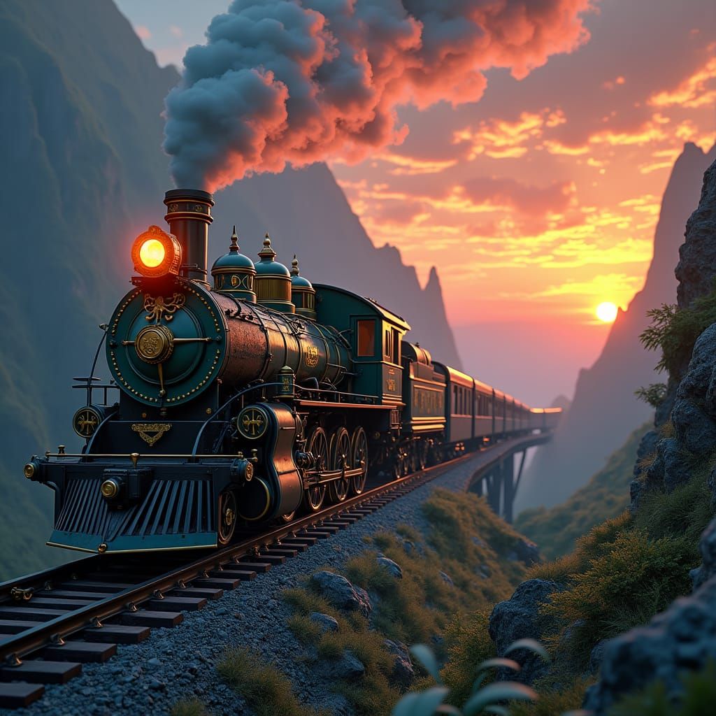 Mystical Steam Train at Sunset in Gritty Detail