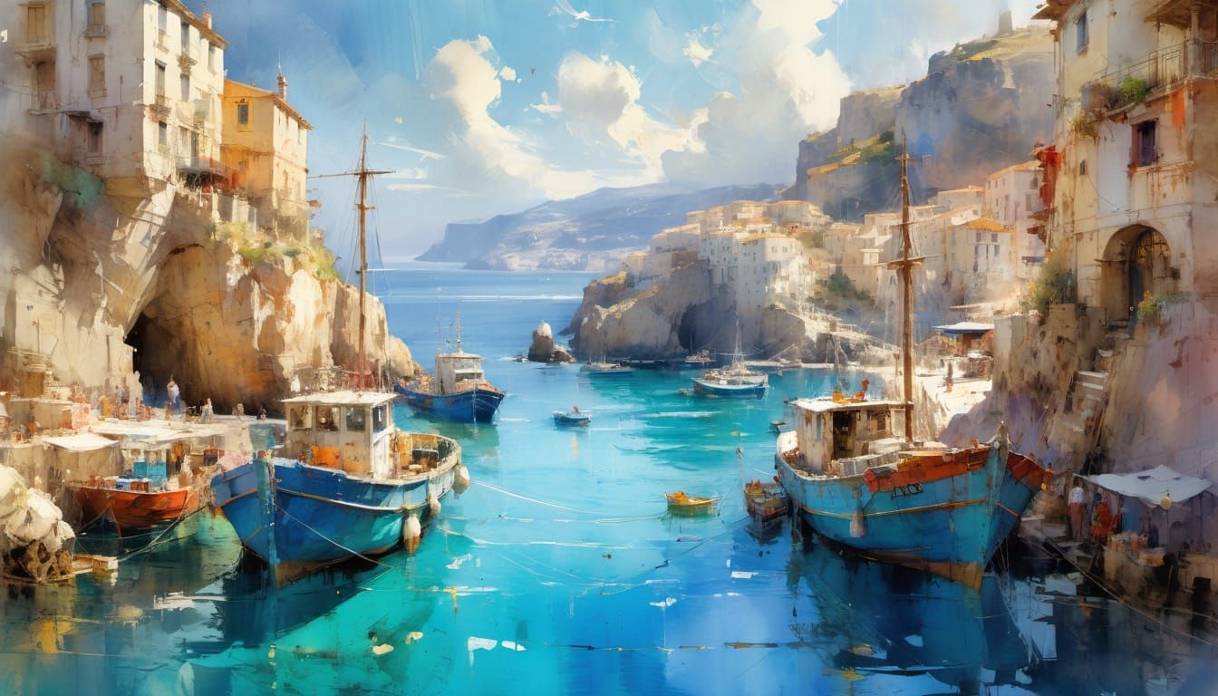 Mediterranean Harbor Scene: Old Fishing Boats on Sunny Day