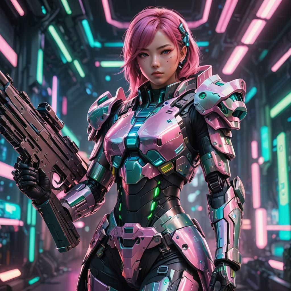 Futuristic Anime Girl in Armor Holding Gun