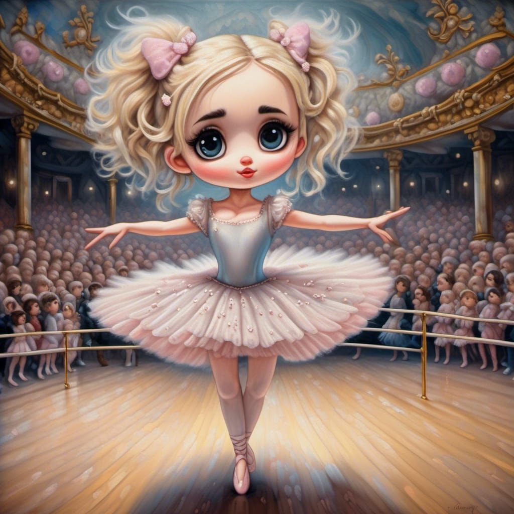 Adorable Chibi Ballerina on Stage in Oil Painting