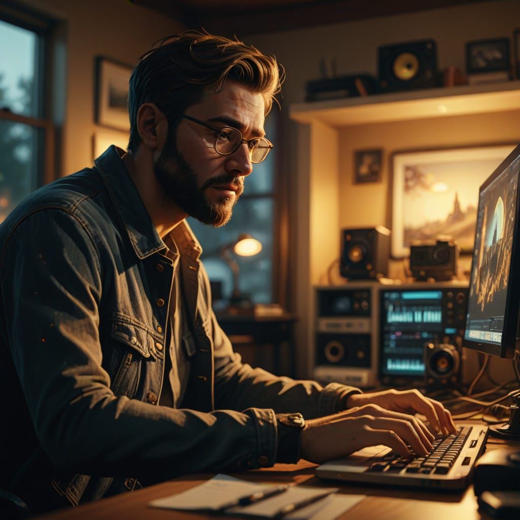 Video Editor at Work in Warm Golden Light