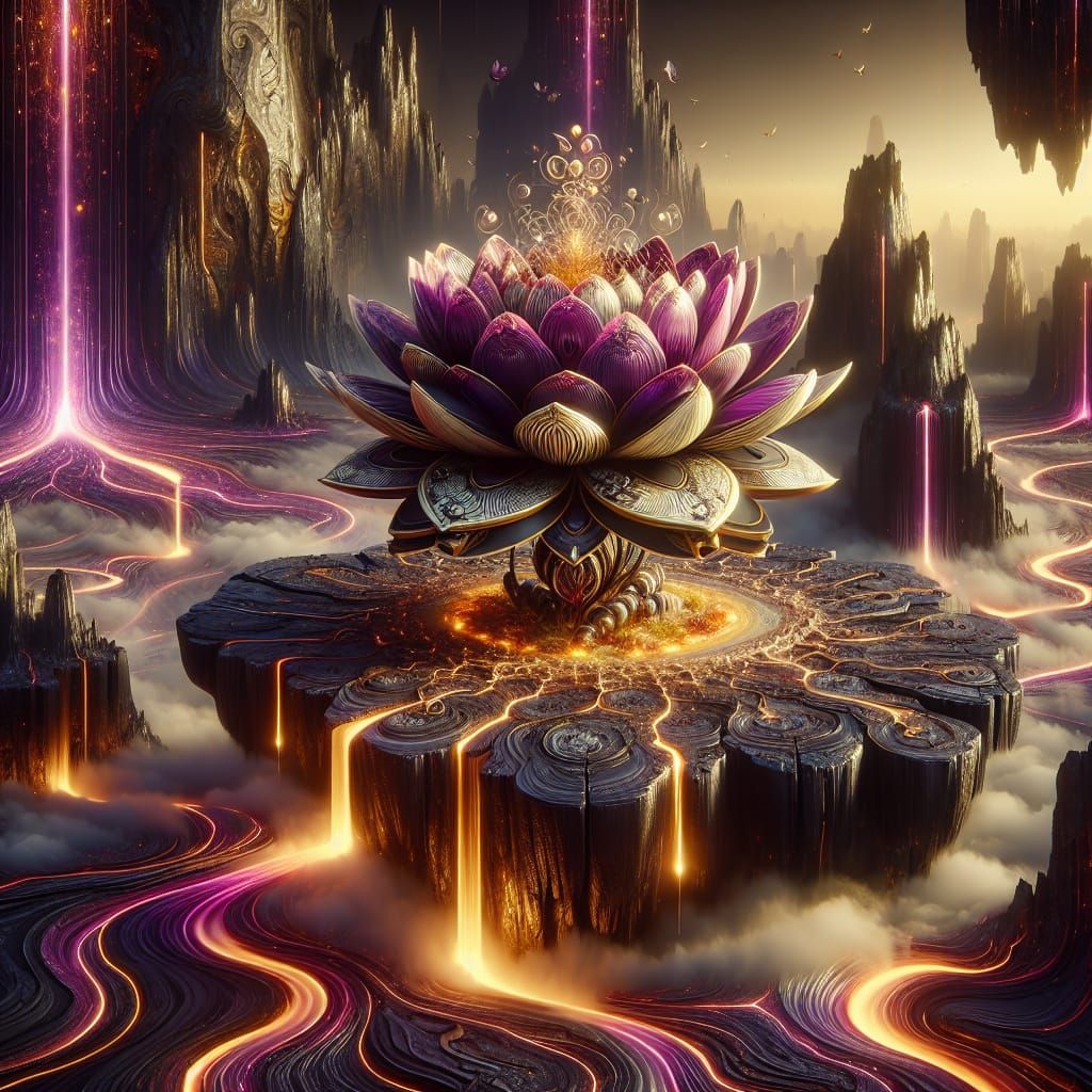Surreal Cyberpunk Lotus Blooms on Obsidian Island