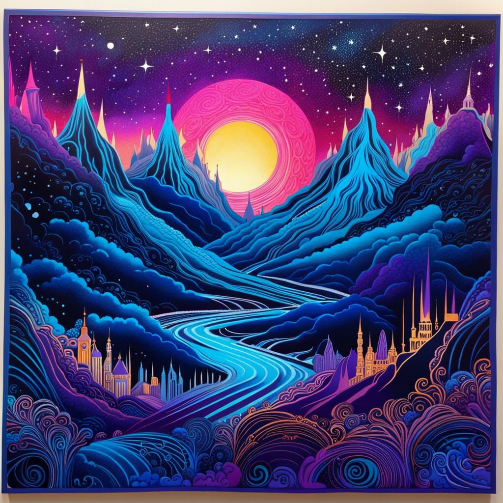 Cloud Castle with Neon Lights in Art Deco Style